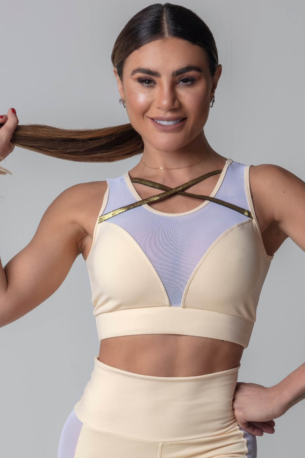 Beige Blogger Fitness Top with Tulle