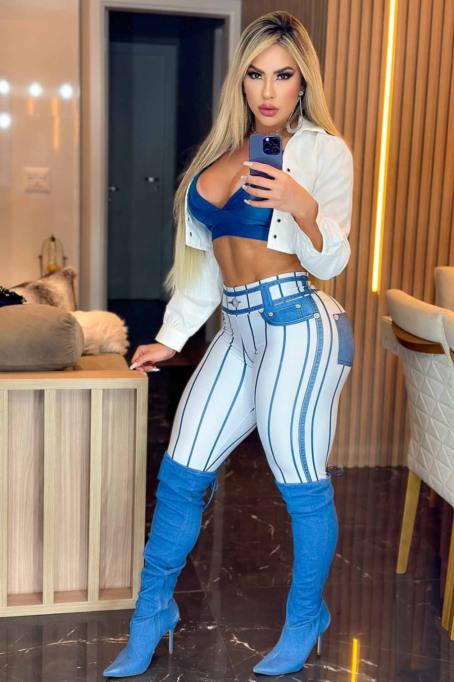 White Fake Jeans Striped Leggings