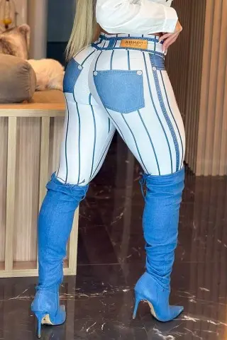 Leggings Fake Jeans Listrada Branca Leggings Fake Jeans Listrada Branca