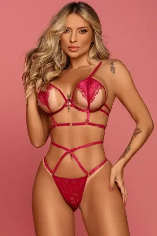 Conjunto Renda Strappy Com Coração De Metal Marsala
