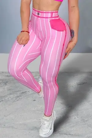 Pink Fake Jeans Striped Leggings