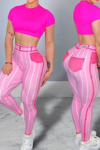 Pink Fake Jeans Striped Leggings Pink Fake Jeans Striped Leggings