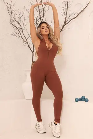Brown Grip Zipper Jumpsuit