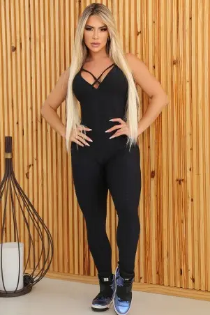 Black Brocade Cross Jumpsuit