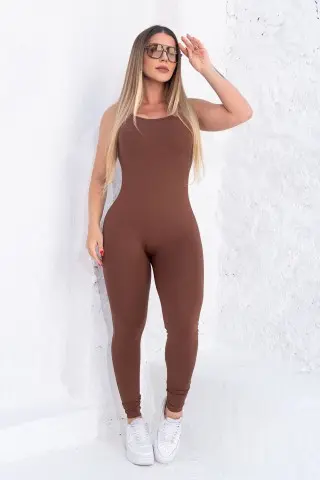 Brown Tight Fitness Jumpsuit W/U