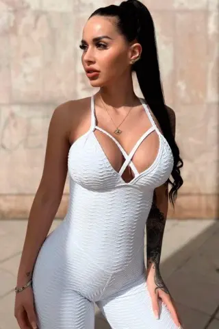 White Brocade Cross Jumpsuit